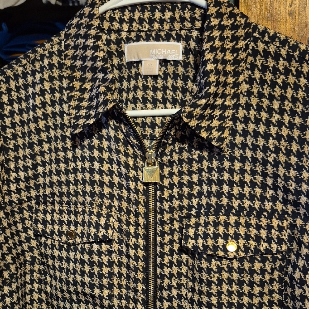 Michael Kors Houndstooth Zip Up Black and Cream Top